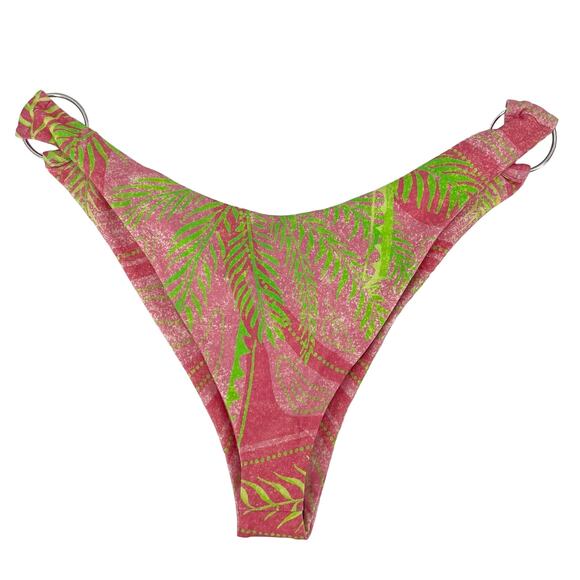 RETROFETE Kailey Bikini Bottom Tropical Palm Ring Loop Stretch Green Pink XL NEW - Picture 4 of 6